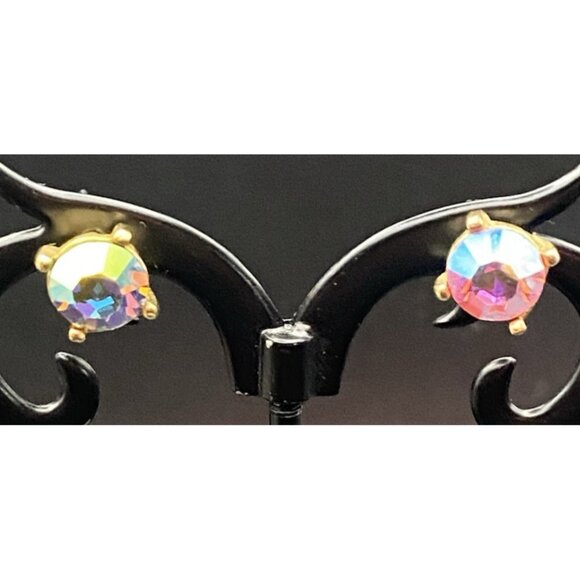 Kirk's Folly AB Faceted Crystal Stud Earrings 7 mm Gold Tone Fairycore Signed - Picture 2 of 6